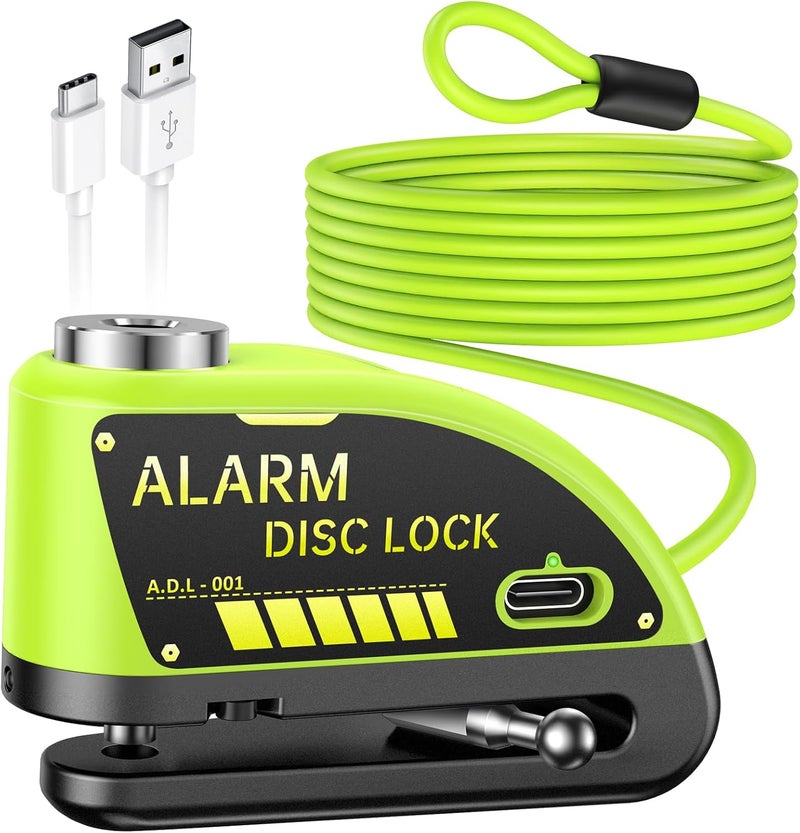 Onvian Rechargeable Motorcycle Lock with 6FT Steel Wire Anti-Theft Cable, for 7mm Pin Ebike Electric Scooter Motorcycle Helmet Wheel Disc Brake Lock(Lemon Yellow) - Image 1